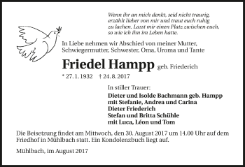 Traueranzeige von Friedel Hampp 