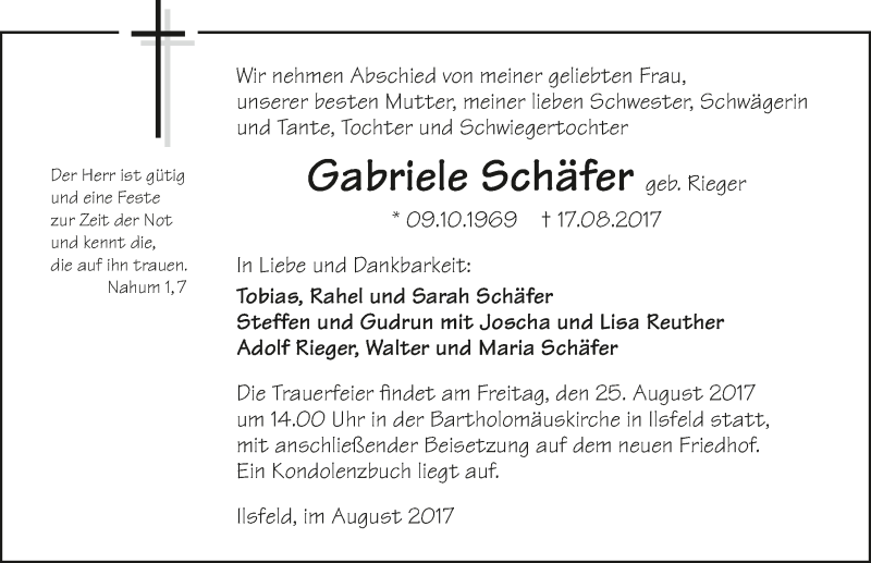  Traueranzeige für Gabriele Schäfer vom 22.08.2017 aus 