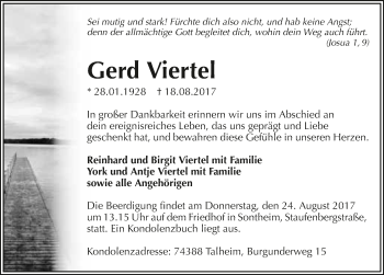 Traueranzeige von Gerd Viertel 