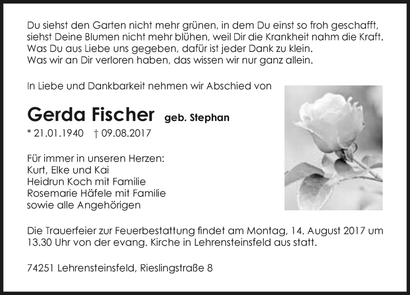  Traueranzeige für Gerda Fischer vom 10.08.2017 aus 
