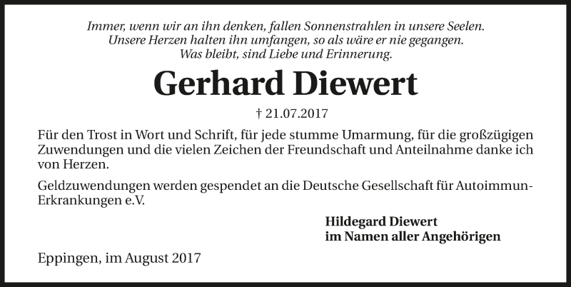  Traueranzeige für Gerhard Diewert vom 12.08.2017 aus 