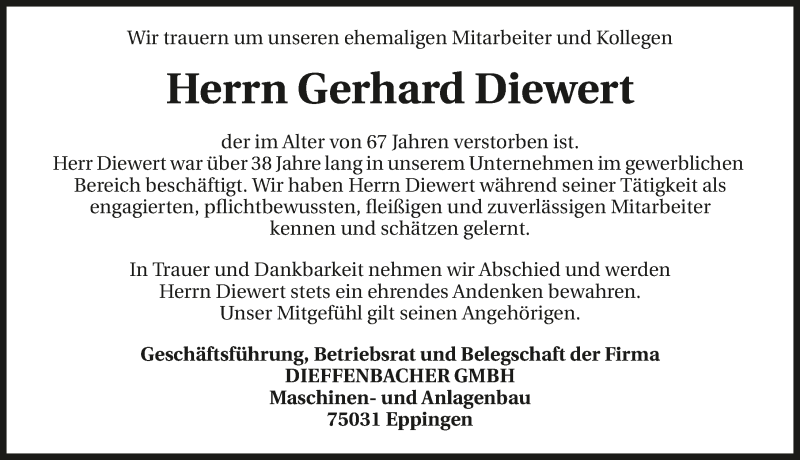  Traueranzeige für Gerhard Diewert vom 03.08.2017 aus 