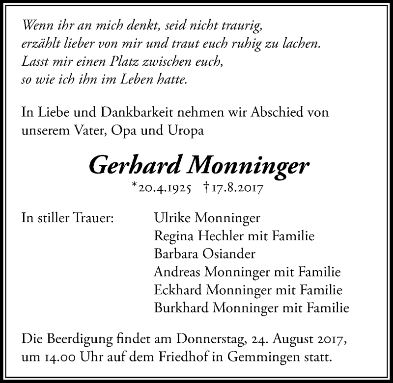  Traueranzeige für Gerhard Monninger vom 19.08.2017 aus 