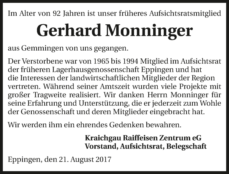  Traueranzeige für Gerhard Monninger vom 22.08.2017 aus 