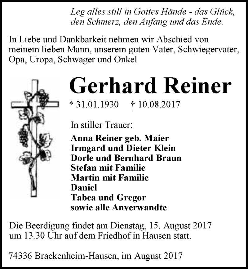  Traueranzeige für Gerhard Reiner vom 12.08.2017 aus 