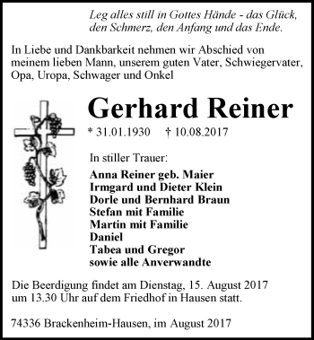 Traueranzeige von Gerhard Reiner 