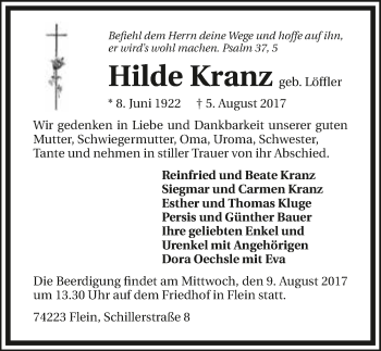 Traueranzeige von Hilde Kranz 