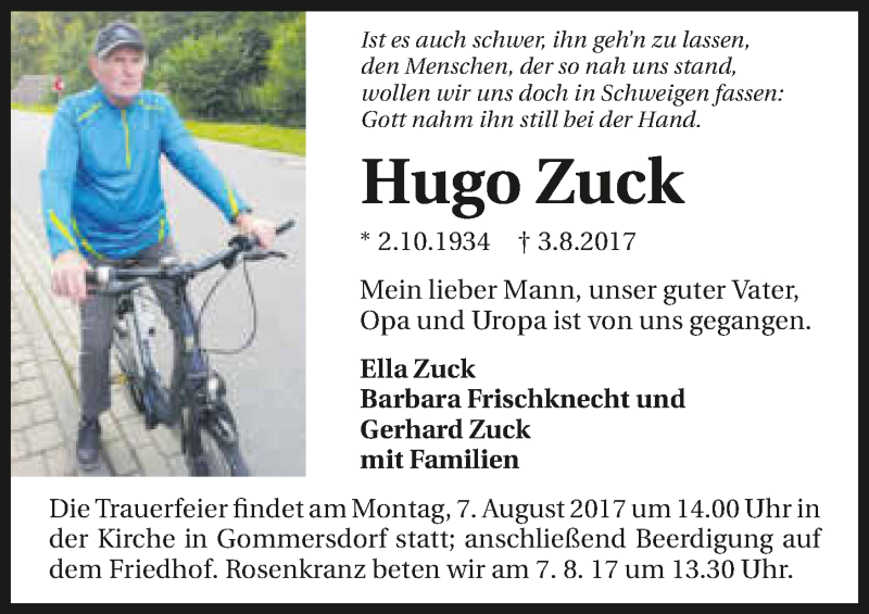  Traueranzeige für Hugo Zuck vom 05.08.2017 aus 
