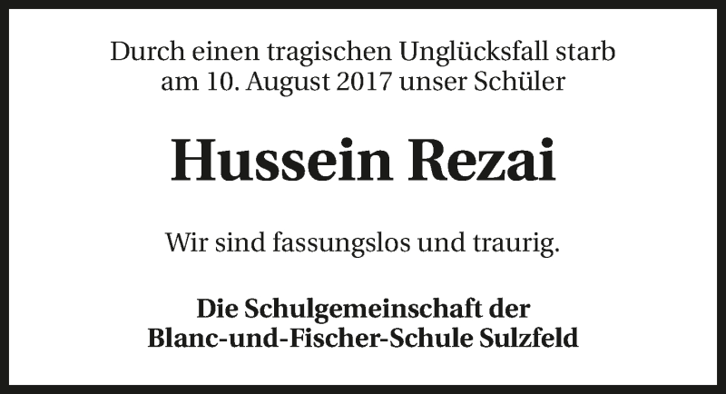  Traueranzeige für Hussein Rezai vom 17.08.2017 aus 