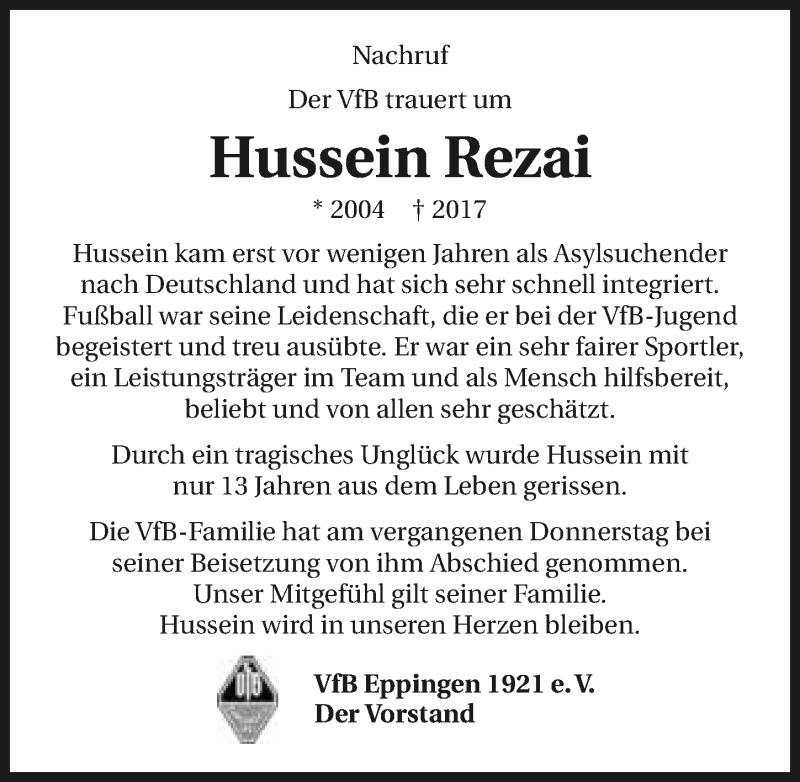  Traueranzeige für Hussein Rezai vom 22.08.2017 aus 