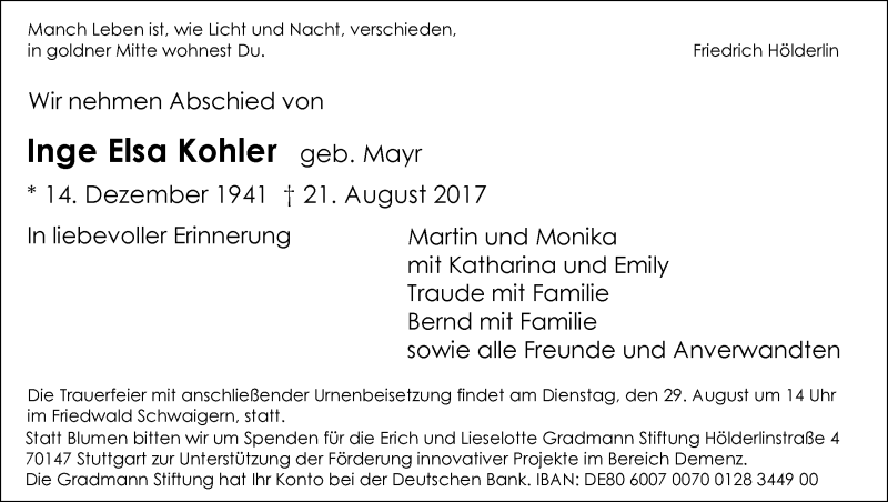  Traueranzeige für Inge Kohler vom 26.08.2017 aus 