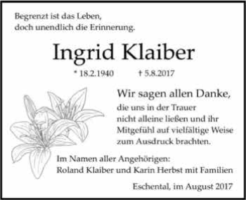 Traueranzeige von Ingrid Klaiber 
