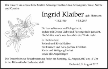 Traueranzeige von Ingrid Klaiber 