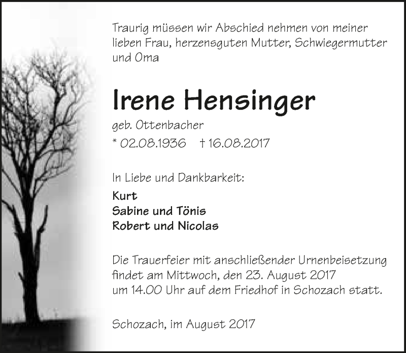  Traueranzeige für Irene Hensinger vom 19.08.2017 aus 