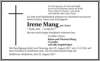 Traueranzeige von Irene Mang 