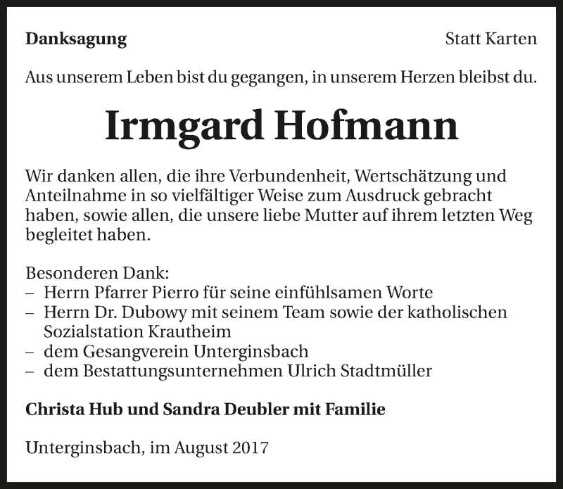  Traueranzeige für Irmgard Hofmann vom 19.08.2017 aus 
