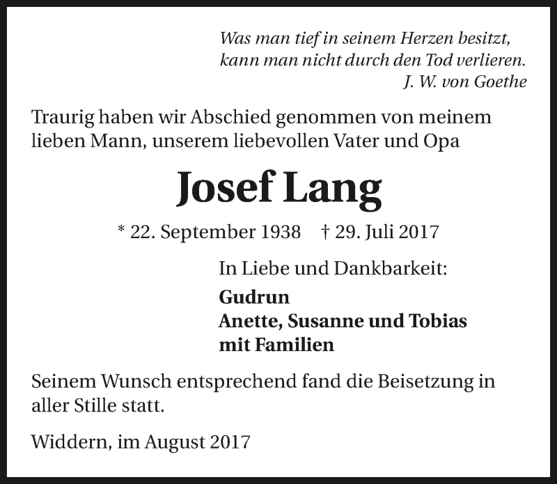  Traueranzeige für Josef Lang vom 08.08.2017 aus 