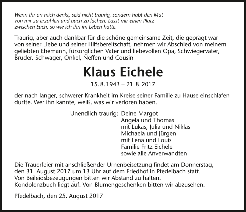  Traueranzeige für Klaus Eichele vom 26.08.2017 aus 