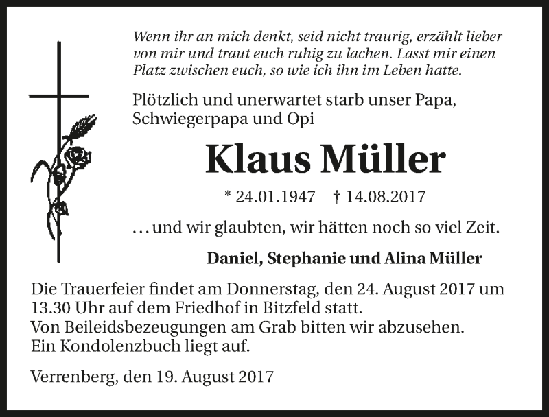  Traueranzeige für Klaus Müller vom 19.08.2017 aus 