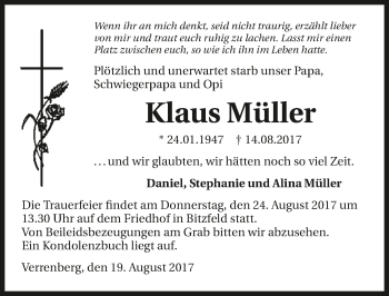 Traueranzeige von Klaus Müller 
