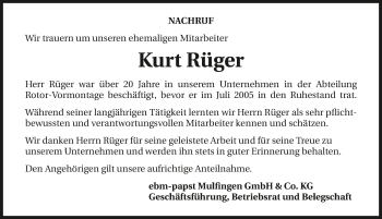 Traueranzeige von Kurt Rüger 