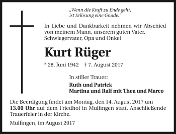Traueranzeige von Kurt Rüger 