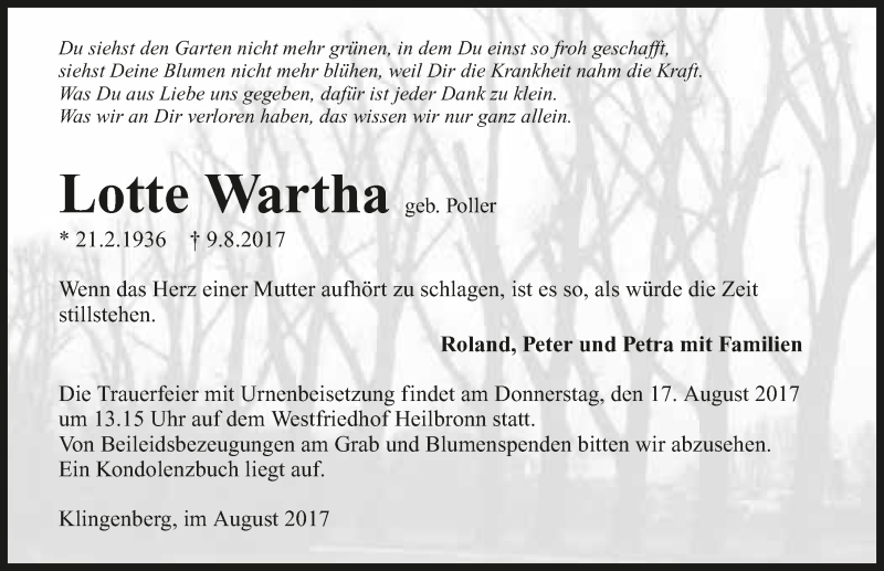  Traueranzeige für Lotte Wartha vom 12.08.2017 aus 
