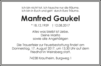 Traueranzeige von Manfred Gaukel 