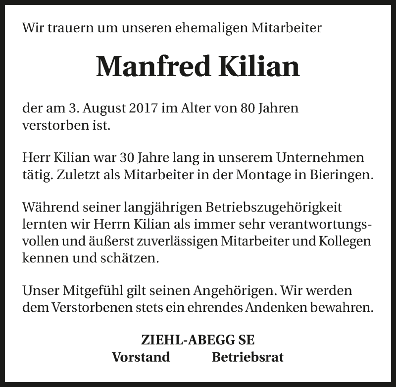  Traueranzeige für Manfred Kilian vom 08.08.2017 aus 