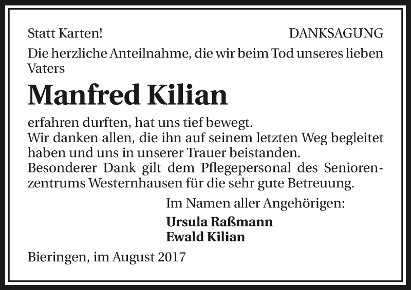  Traueranzeige für Manfred Kilian vom 29.08.2017 aus 
