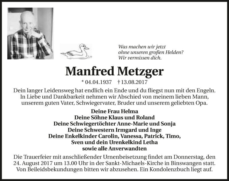  Traueranzeige für Manfred Metzger vom 21.08.2017 aus 