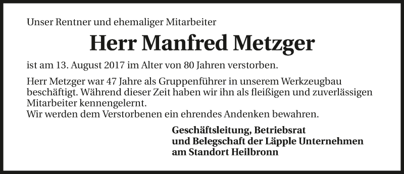  Traueranzeige für Manfred Metzger vom 22.08.2017 aus 