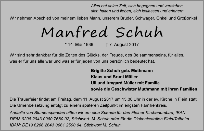  Traueranzeige für Manfred Schuh vom 09.08.2017 aus 
