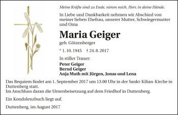 Traueranzeige von Maria Geiger 