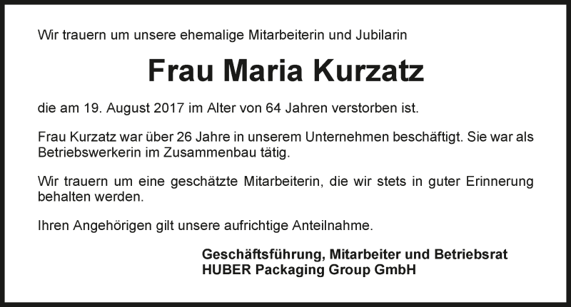  Traueranzeige für Maria Kurzatz vom 22.08.2017 aus 