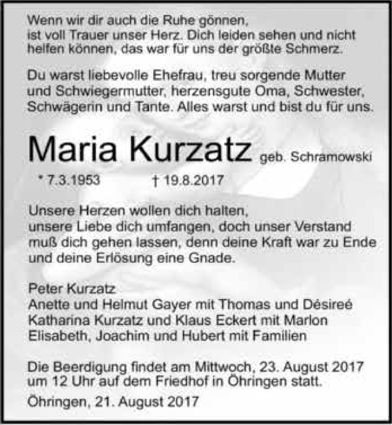  Traueranzeige für Maria Kurzatz vom 21.08.2017 aus 