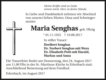 Traueranzeige von Maria Senghas 