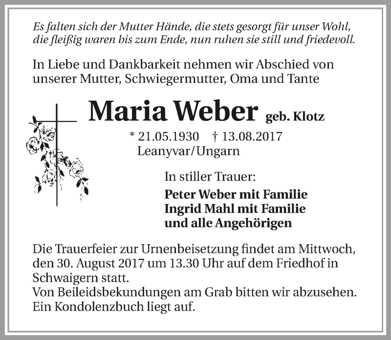  Traueranzeige für Maria Weber vom 26.08.2017 aus 