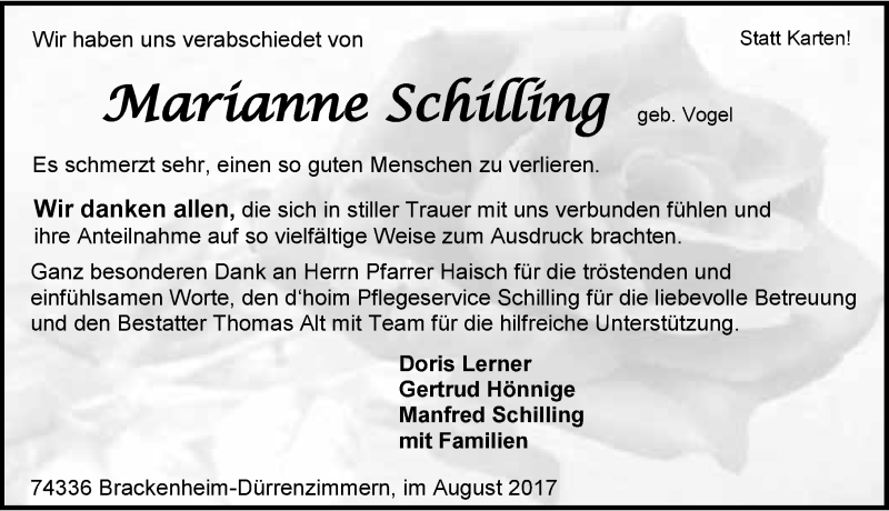  Traueranzeige für Marianne Schilling vom 08.08.2017 aus 
