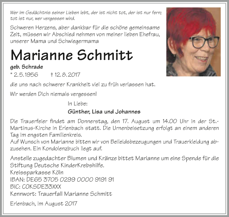  Traueranzeige für Marianne Schmitt vom 16.08.2017 aus 