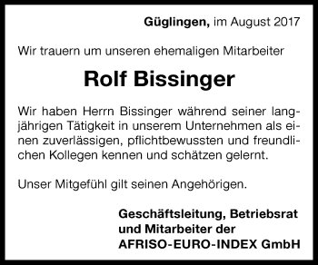 Traueranzeige von Rolf Bissinger 
