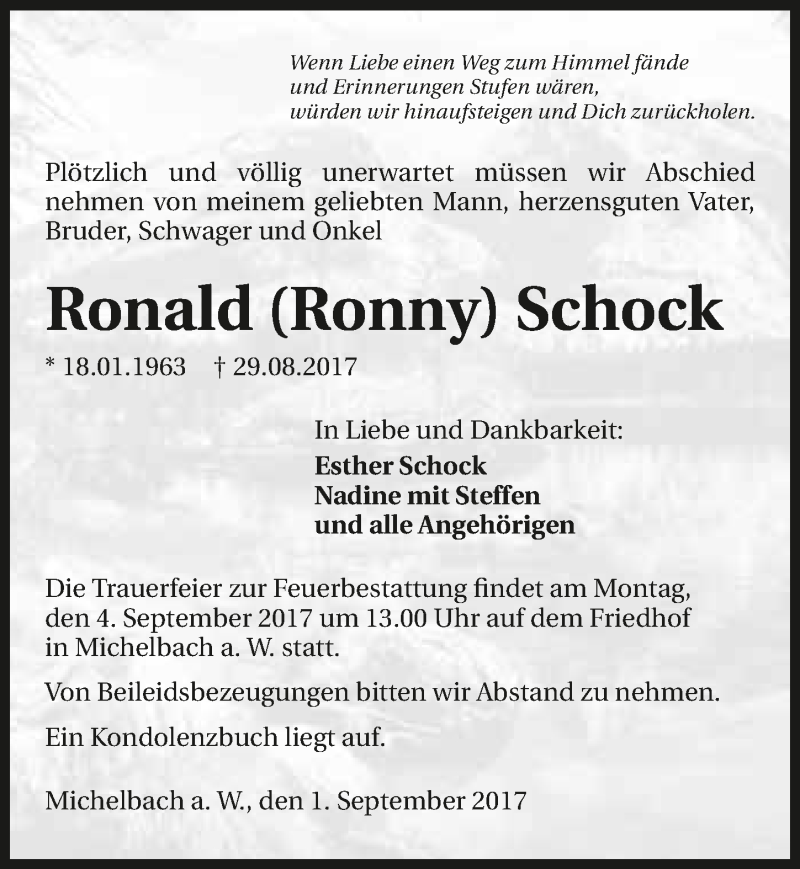  Traueranzeige für Ronald Schock vom 01.09.2017 aus 