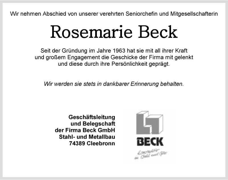  Traueranzeige für Rosemarie Beck vom 23.08.2017 aus 