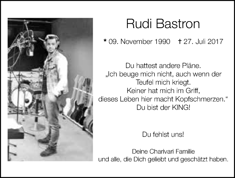  Traueranzeige für Rudi Bastron vom 02.08.2017 aus 