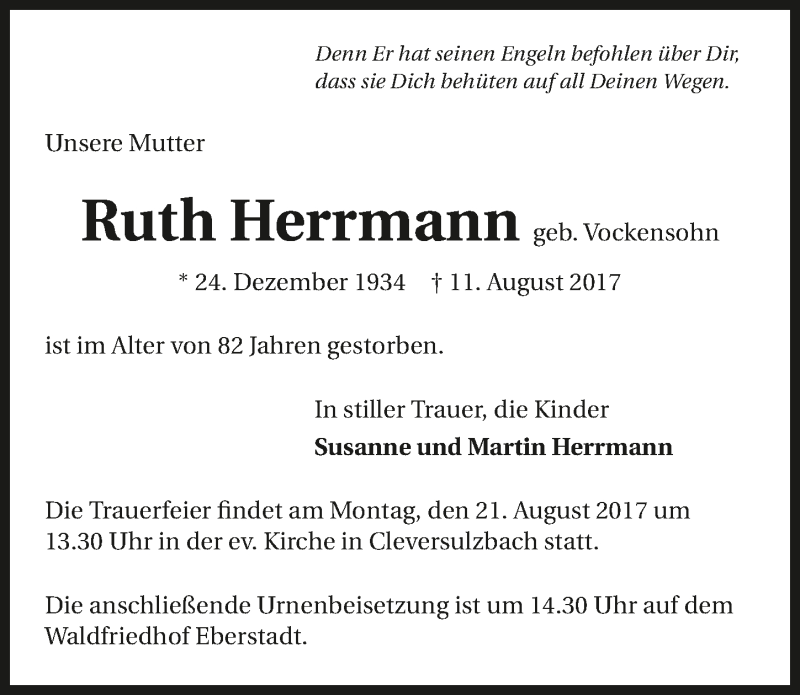  Traueranzeige für Ruth Herrmann vom 18.08.2017 aus 