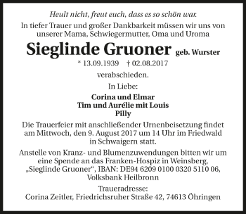 Traueranzeige von Sieglinde Gruoner 
