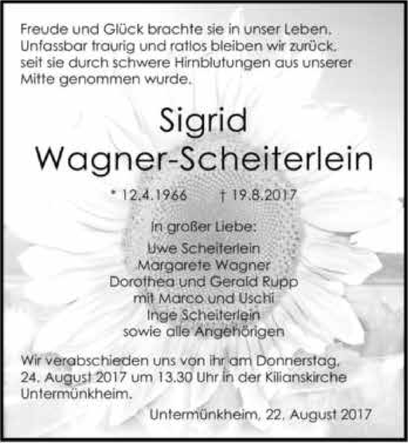  Traueranzeige für Sigrid Wagner-Scheiterlein vom 22.08.2017 aus 