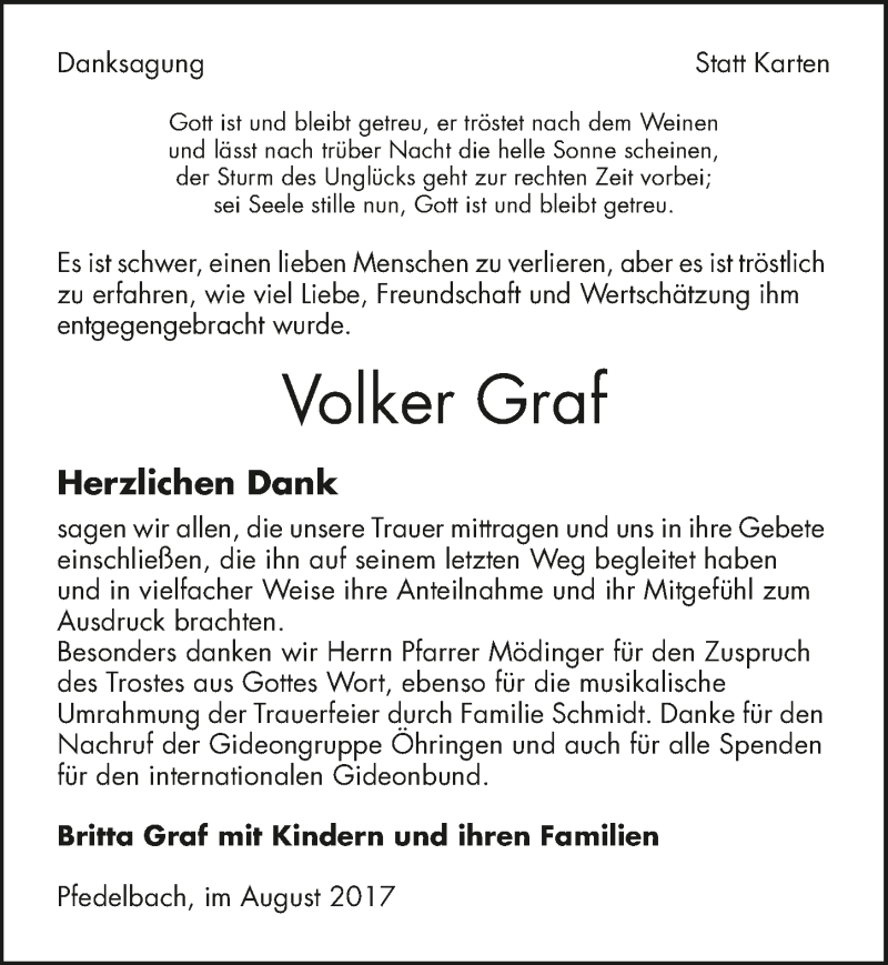  Traueranzeige für Volker Graf vom 24.08.2017 aus 