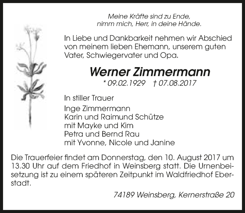  Traueranzeige für Werner Zimmermann vom 09.08.2017 aus 