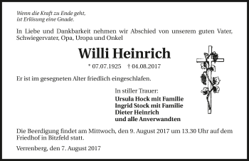 Traueranzeige von Willi Heinrich 